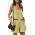 thumbnail image 1 of Lumtrix Linen Short Sets For Women 2 Piece Square Neck Sleeveless Tops And Shorts Matching Set Boho Summer Travel Vacation Outfits Yellow XL, 1 of 7