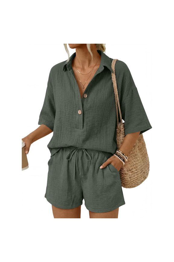 Linen Short Sets For Women Short Sleeve Shirts And Wide Leg Shorts Loose Fit Dressy Casual 2 Piece Cotton Linen Sets Outfits Green 2XL