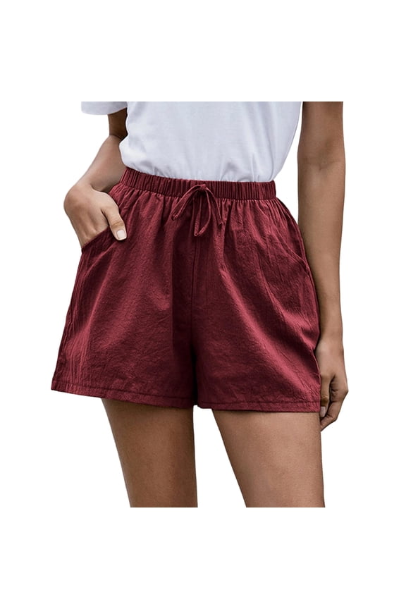Linen Shorts For Women High Waisted Elastic Bermuda Shorts Casual Drawstring Loose Beach Vacation Wide Leg Pants 2026 Wine S