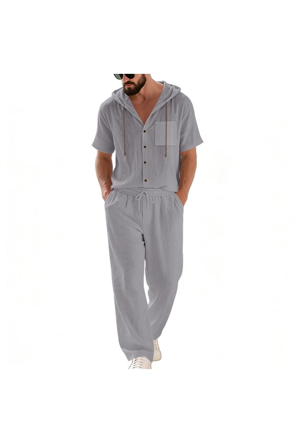 Linen Suit For Men 2 Piece Lounge Outfit Button Down Hooded Shirts Dressy Casual Loose Beach Pant Sets With Pockets Dark Gray 3XL