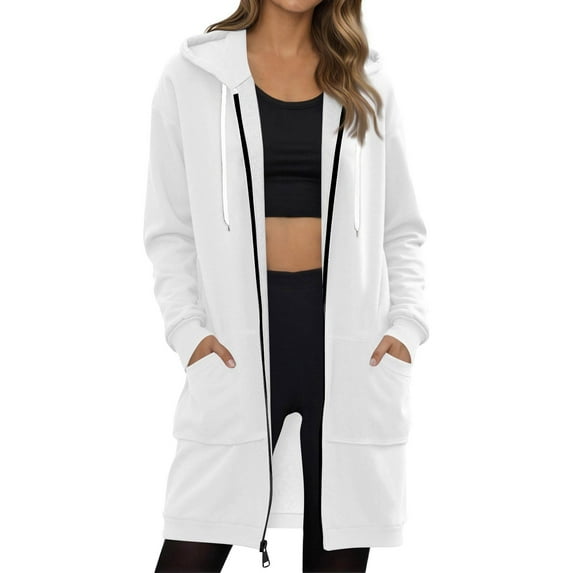 Lumtrix Long Hoodies for Women Fall 2025 Soft Oversized Fleece Hooded Sweatshirts Solid Color Comfort Zip Up Jackets with Pockets White M