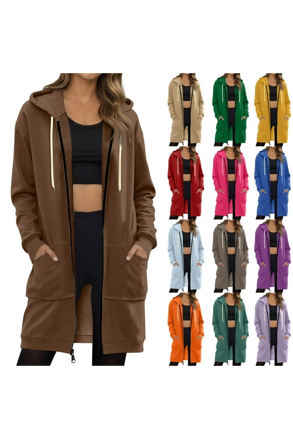 Long Hoodies for Women Zip Up Fleece Oversized Long Sleeve Sweatshirts Winter Warm Hoodie Dress with Pockets Dark Gray S