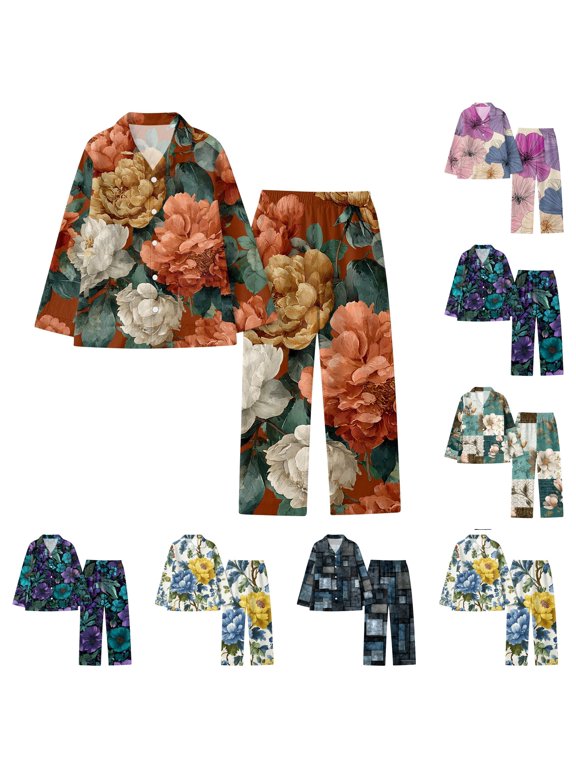 Long Sleeve Button Up Pajamas Lounge Set For Women,Retro Floral Print Lounge Lightweight Nursing Holidays Pjs Set Orange L