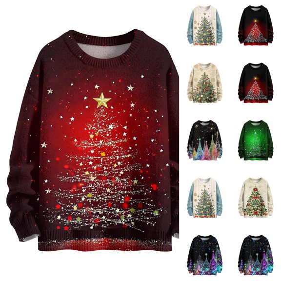 Lumtrix Long Sleeve Christmas Tees for Women Crew Neck Print Casual Tops Fall Winter Sweatshirt Christmas Tree Graphic Blouse Wine L