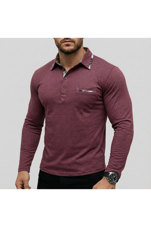 Long Sleeve Polo Shirt for Men Classic Button Down Basic Tee Casual Slim Fashion Collared Tops Wine M