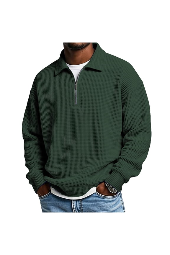 Long Sleeve Polo Shirts For Men Quarter Zip Pullover Casual Collared Waffle Knit Oversized Sweatershirt Tops Army Green M