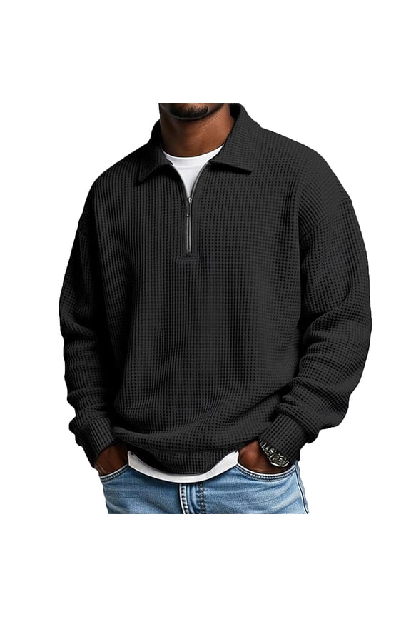 Long Sleeve Polo Shirts For Men Quarter Zip Pullover Casual Collared Waffle Knit Oversized Sweatershirt Tops Black 2XL