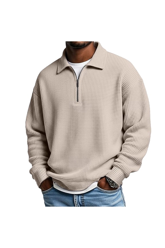 Long Sleeve Polo Shirts For Men Quarter Zip Pullover Casual Collared Waffle Knit Oversized Sweatershirt Tops Complexion L