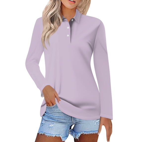 Lumtrix Long Sleeve Womens Tops Solid Color Button Up Collared Lightweight Polo Shirts Casual Loose Fit Business Work Blouses Light Purple S