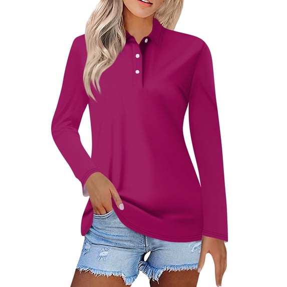 Lumtrix Long Sleeve Womens Tops Solid Color Button Up Collared Lightweight Polo Shirts Casual Loose Fit Business Work Blouses Purple M