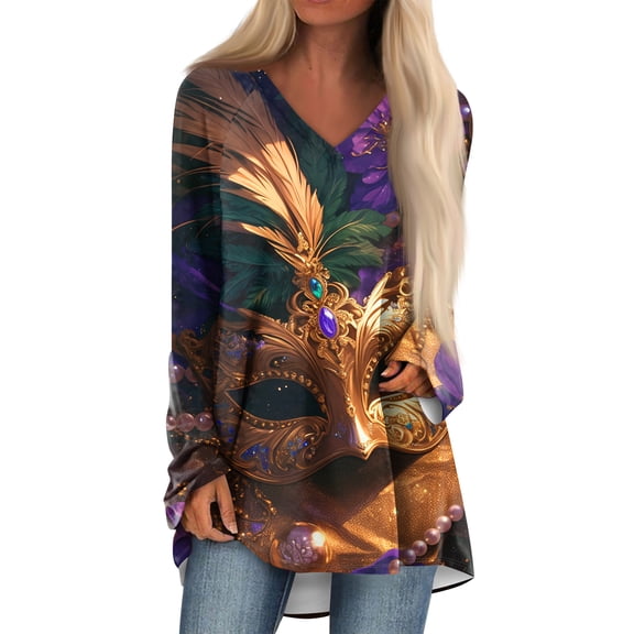 Lumtrix Mardi Gras Long Shirts for Women: Funny Mask Graphic Tee Carnival V Neck Shirts High Low And Curved Hem V Neck Tops Loose Fit Tunic Black M