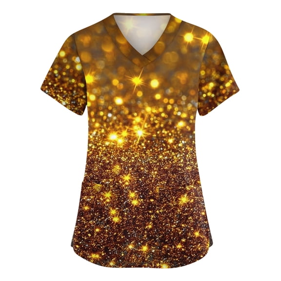 Lumtrix Mardi Gras Print Scrubs for Women Design Plus Size V Neck Nursing Uniform 2026 Spring Summer Short Sleeve Top With Pockets Side Slit Shirt Gold 5XL