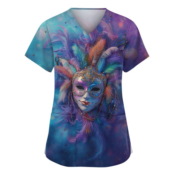 Lumtrix Mardi Gras Print Scrubs for Women Design Plus Size V Neck Nursing Uniform 2026 Spring Summer Short Sleeve Tops With Pockets Side Slit Shirt Blue 5XL