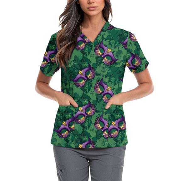 Lumtrix Mardi Gras Scrub Tops for Women Plus Size V Neck Short Sleeve Holiday Mask Print Nursing Uniform with Pockets Holiday Side Slit Shirts Green L
