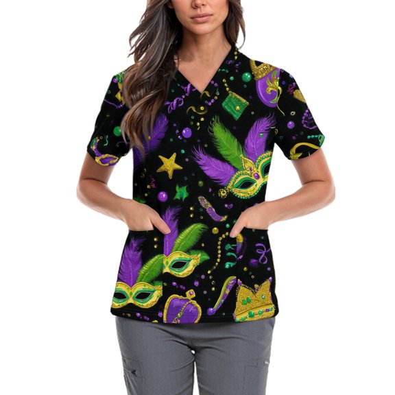 Lumtrix Mardi Gras Scrub for Women Plus Size Stretch V Neck Short Sleeve Shirt Mask Print Nursing Uniform with Pockets Side Slit Tops Light Purple XL