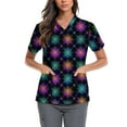 thumbnail image 1 of Lumtrix Mardi Gras Scrub for Women Plus Size Stretch V Neck Short Sleeve Shirt Mask Print Nursing Uniform with Pockets Side Slit Tops Navy S, 1 of 5