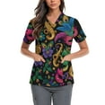 thumbnail image 1 of Lumtrix Mardi Gras Scrub for Women Plus Size Stretch V Neck Short Sleeve Shirt Mask Print Nursing Uniform with Pockets Side Slit Tops Pink 3XL, 1 of 5