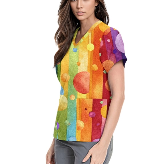 Lumtrix Mardi Gras Scrub for Women Plus Size Stretch V Neck Short Sleeve Shirt Mask Print Nursing Uniform with Pockets Side Slit Tops Yellow 3XL