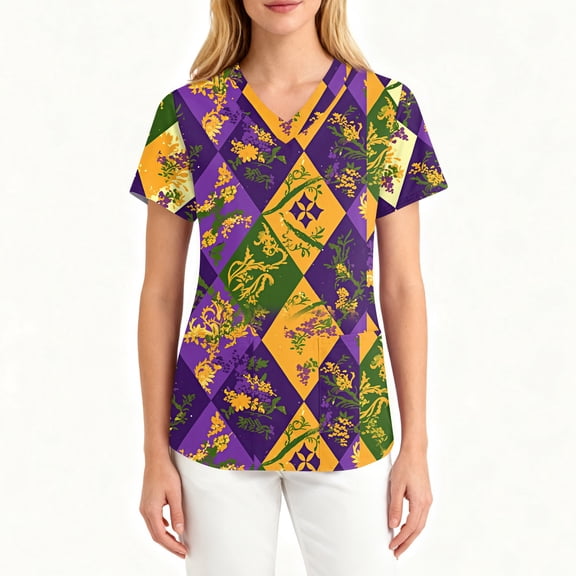 Lumtrix Mardi Gras Scrubs for Women Tops Mask Print Shirt V Neck Pattern Short Sleeve Nursing Uniform with Pockets Plus Size Side Slit Shirt Yellow 4XL