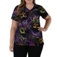 thumbnail image 1 of Lumtrix Mardi Gras Scrubs for Women V Neck Short Sleeve Mask Printed Tops with Pockets Side Slit Nursing Uniform Dark Purple 4XL, 1 of 5