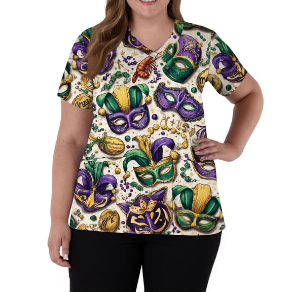 Lumtrix Mardi Gras Scrubs for Women V Neck Short Sleeve Mask Printed Tops with Pockets Side Slit Nursing Uniform Earthy Yellow 3XL