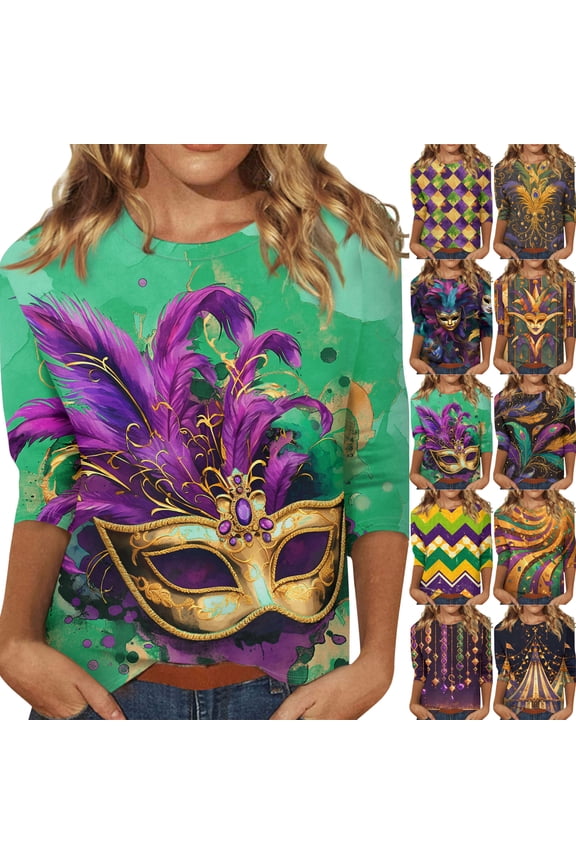 Mardi Gras Shirts for Women Carnival Crewneck Tunic 3/4 Sleeve Tops Mask Print Tees Tshirt 2026 Spring Loose Fit Blouse Gold 2XL