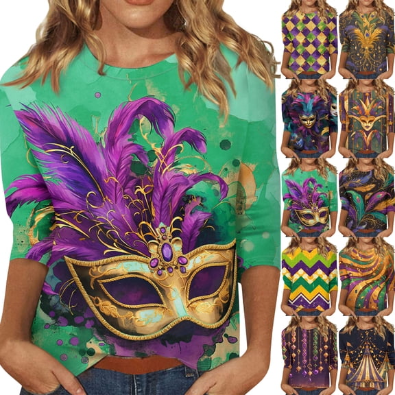 Lumtrix Mardi Gras Shirts for Women Carnival Crewneck Tunic 3/4 Sleeve Tops Mask Print Tees Tshirt 2026 Spring Loose Fit Blouse Saffron S