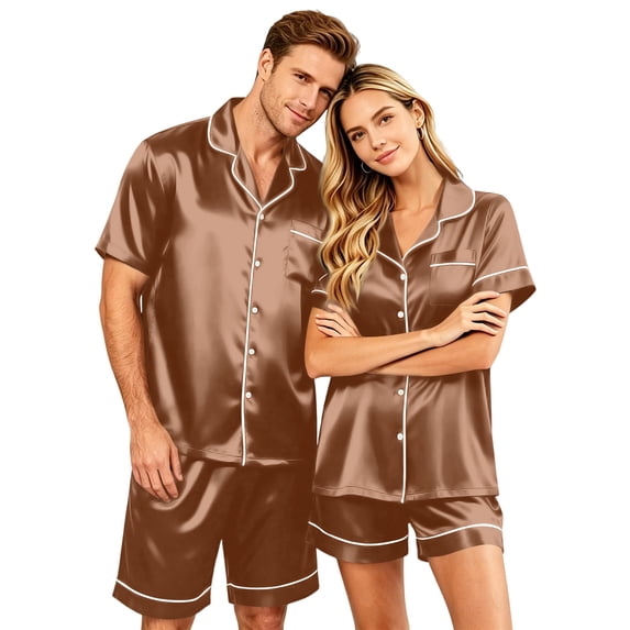 Lumtrix Matching Pajamas for Couples Men and Women Satin Button Down Loungewear Short Sleeve Sleepwear Soft 2 Pcs Pj Set(Women) Camel 4XL