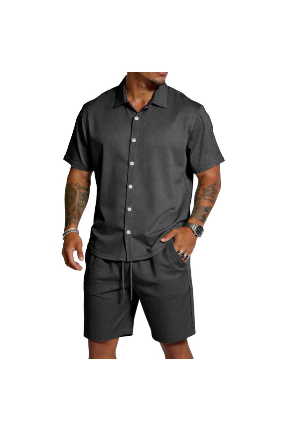 Men'S 2 Piece Outfit Casual Short Sleeve Button Down Shirt And Beach Shorts Set Resort Loung Summer Vacation Outfits For Men Black S