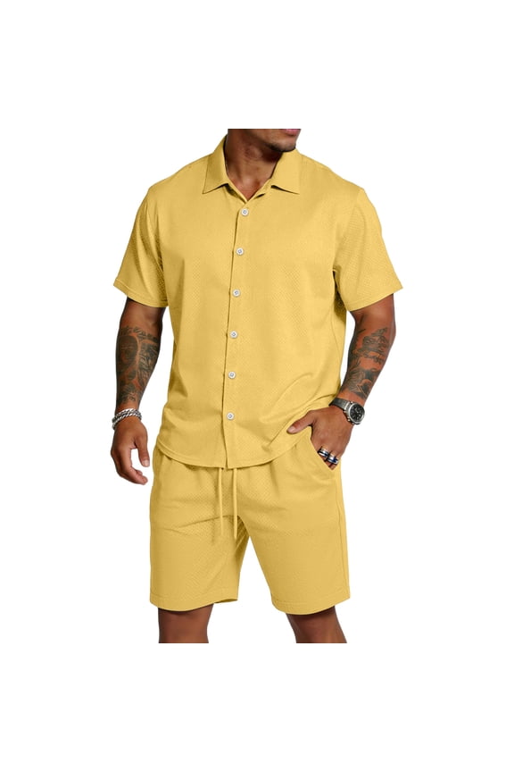 Men'S 2 Piece Outfit Casual Short Sleeve Button Down Shirt And Beach Shorts Set Resort Loung Summer Vacation Outfits For Men Yellow S