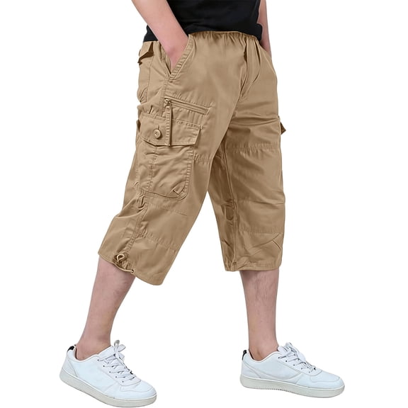 Lumtrix Men'S Cargo Shorts Casual Twill Elastic 3/4 Capri Pants Below Knee Long Shorts Hiking Elastic Waist Capri Shorts With Pockets Army Green 3XL