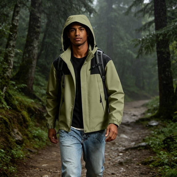 Lumtrix Men'S Color Block Hooded Rain Jacket Windproof Waterproof Zip Up Coat Lightweight Outdoor Hiking Windbreaker Coat Green S