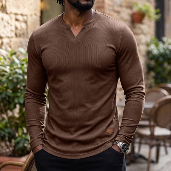 Lumtrix Men'S Long Sleeve Muscle T Shirts Casual V-Neck Slim Fit Longline Ribbed Knit Shirts Stretch Tee Shirts Brown M