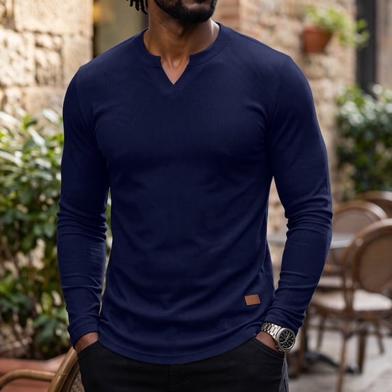Lumtrix Men'S Long Sleeve Muscle T Shirts Casual V-Neck Slim Fit Longline Ribbed Knit Shirts Stretch Tee Shirts Navy XL