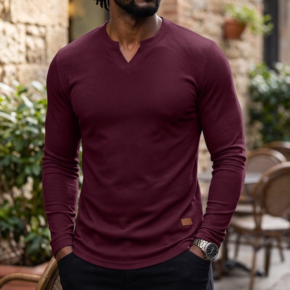 Lumtrix Men'S Long Sleeve Muscle T Shirts Casual V-Neck Slim Fit Longline Ribbed Knit Shirts Stretch Tee Shirts Wine M