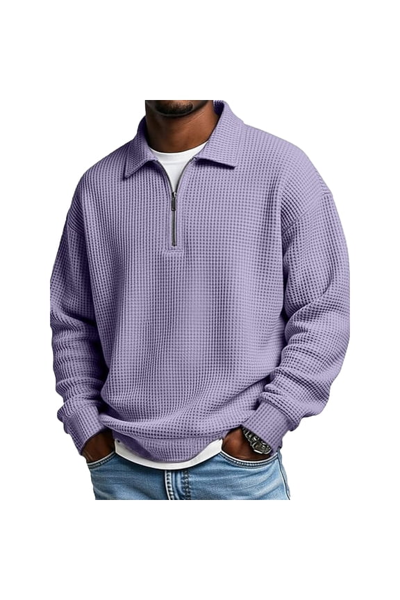 Waffle Knit Quarter Zip Pullover Men Polo Shirts Long Sleeve Collared Tops Big And Tall Oversized Sweatshirts Purple L