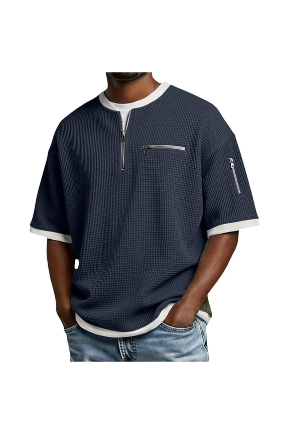 Men'S Waffle T-Shirt Short Sleeve Half Zip Henley Solid Color Pullover Traditional Vintage Casual Pocket Tops Navy L