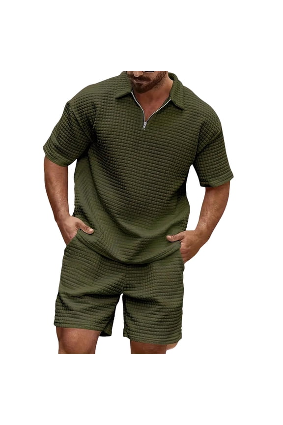 Men'S Short Sets 2 Piece Waffle Quarter Zip Shirts Bermuda Shorts Matching Set Summer Tracksuits Cruise Resort Loungewear Army Green XL