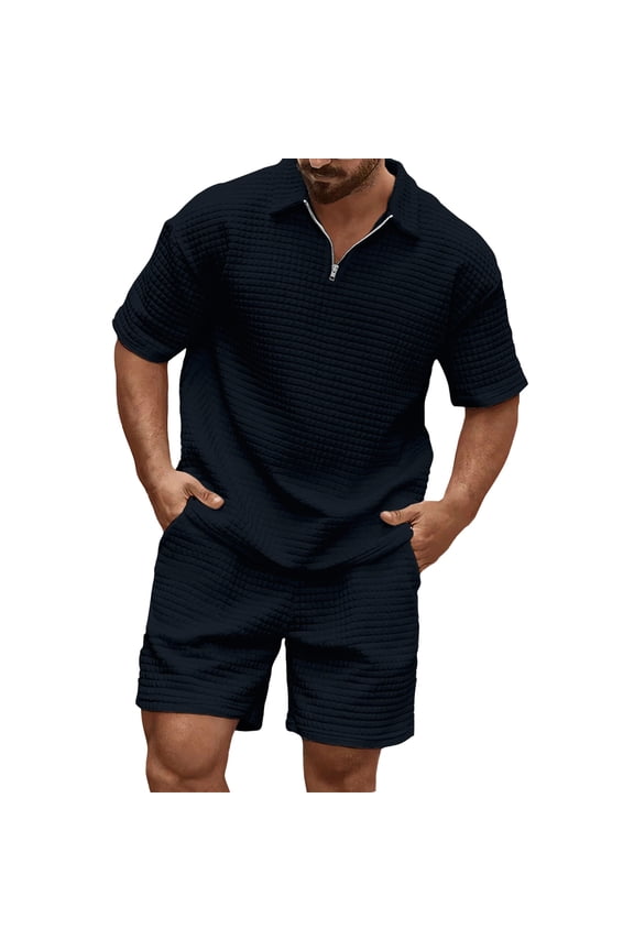 Men'S Short Sets 2 Piece Waffle Quarter Zip Shirts Bermuda Shorts Matching Set Summer Tracksuits Cruise Resort Loungewear Navy XL