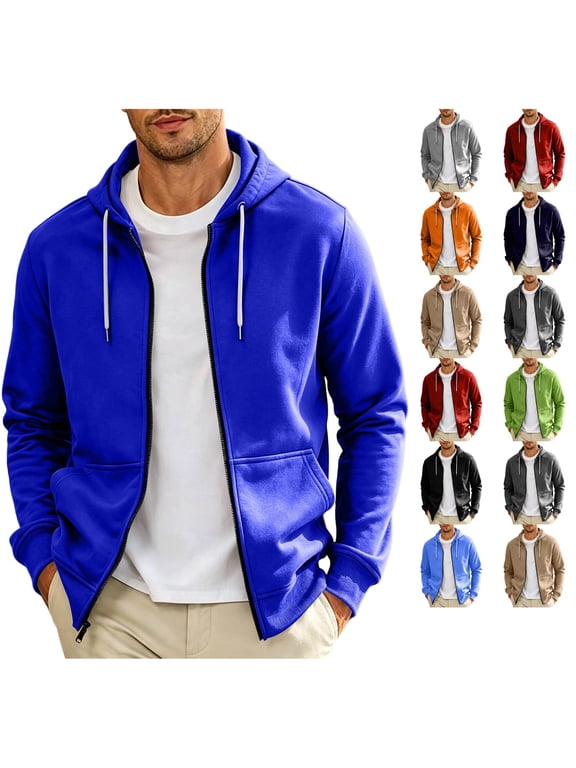 Men'S Zip Up Hoodie Fleece Sweatshirt Jacket With Pockets Soft Warm Drawstring Hood Fall Winter Casual Long Sleeve Dailywear Royal Blue L