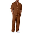 thumbnail image 1 of Lumtrix Men Summer Casual Short Sleeve Sets Solid Button Down Lapel Shirt Loose Elastic Pants with Pockets 2 Piece Outfits Beach Tracksuit Coffee M, 1 of 4