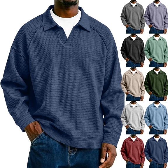 Lumtrix Men Waffle Sweatshirt Casual Long Sleeve V Neck Shirts Loose Lightweight Pullover Lapel Collar Tops Fashion Fall Clothes White S