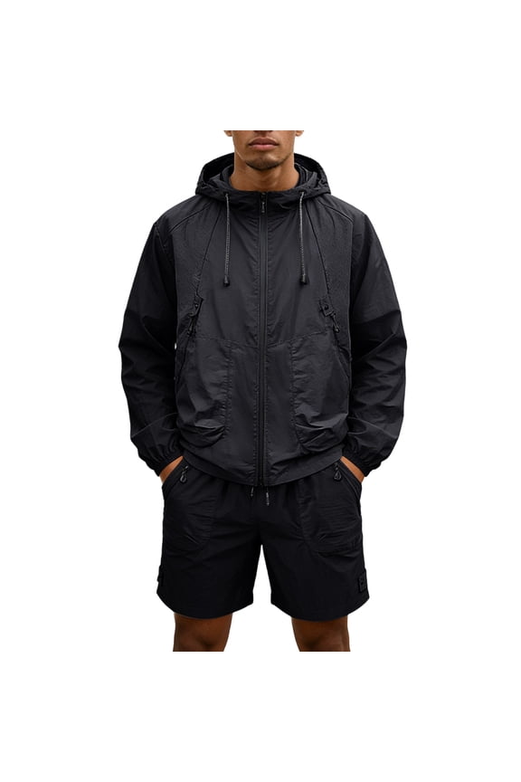 Men's 2 Piece Sun Protection Outfit Quick-Fit Ice Silk Hooded Shirt Drawstring Shorts Set Lightweight Full Zip Tracksuit Black M