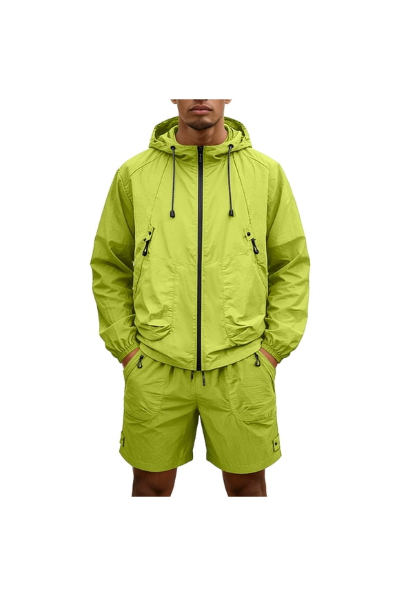 Men's 2 Piece Sun Protection Outfit Quick-Fit Ice Silk Hooded Shirt Drawstring Shorts Set Lightweight Full Zip Tracksuit Fluorescent Green M