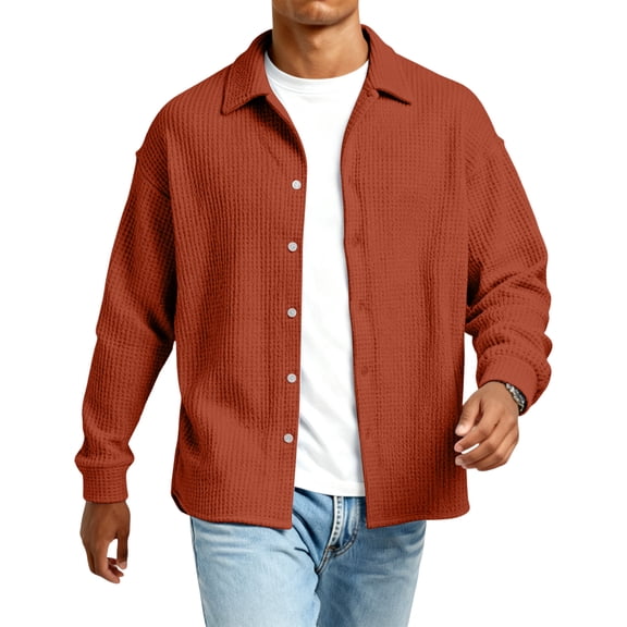 Lumtrix Men's Button Down Shirt Casual Waffle Long Sleeve Lightweight Overshirts Earthy Yellow S