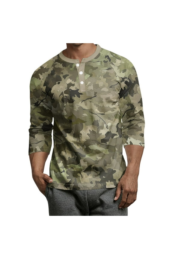 Men's Camouflage T-Shirt Sports Fitness 3/4 Sleeve Sleeve Military Camo Lightweight Henley Vintage Shirt Army Green L