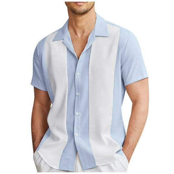 Lumtrix Men's Camp Collar Retro Vintage Bowling Button Down Shirt Casual Short Sleeve Color Block Shirts Summer Blue 4XL