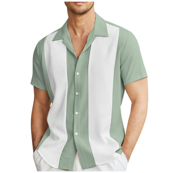 Lumtrix Men's Camp Collar Retro Vintage Bowling Button Down Shirt Casual Short Sleeve Color Block Shirts Summer Green XL