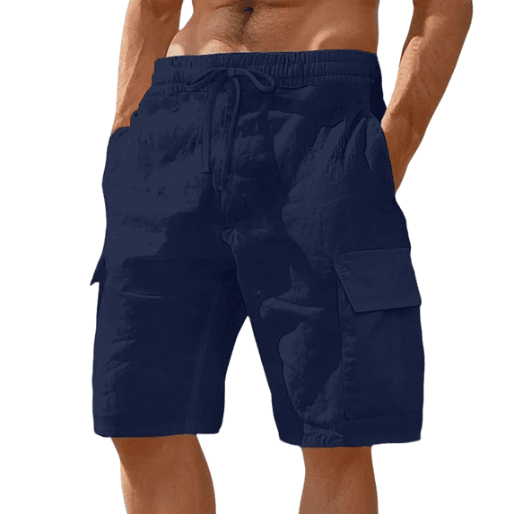 Lumtrix Men's Cargo Shorts Casual Cotton Drawstring Short Elastic Waist Baggy Work Pants with Multi Pockets Dark Blue L