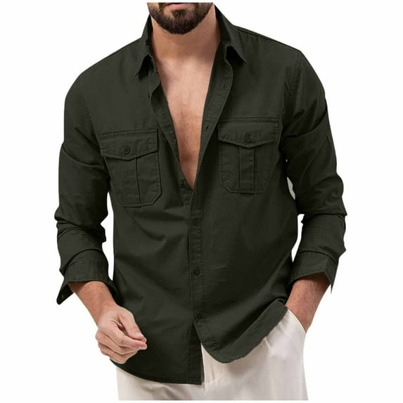 Lumtrix Men's Casual Button Down Shirt Long Sleeve Untucked Shirt Stretch Lightweight Denim Dress Shirt with Pockets Army Green L